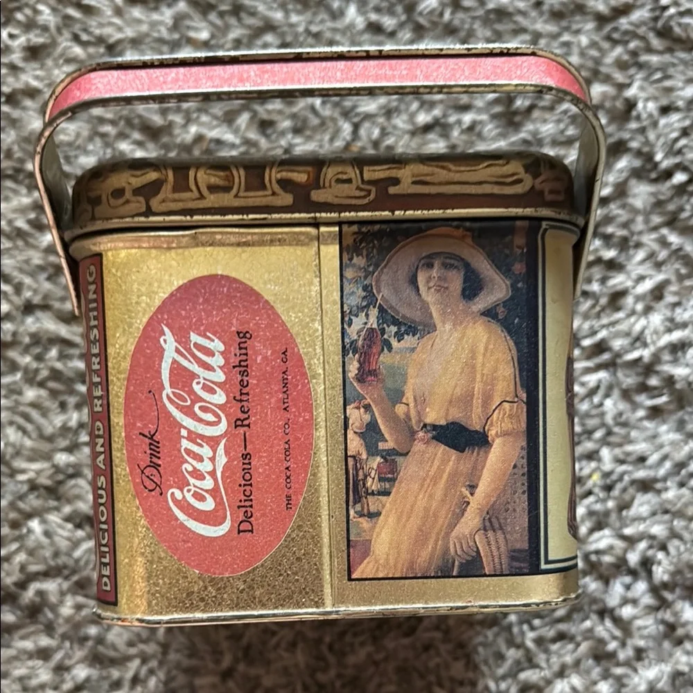 Vintage Coca Cola - Tin Box With Lid & Handle - Lady Holding Coke in Hand
